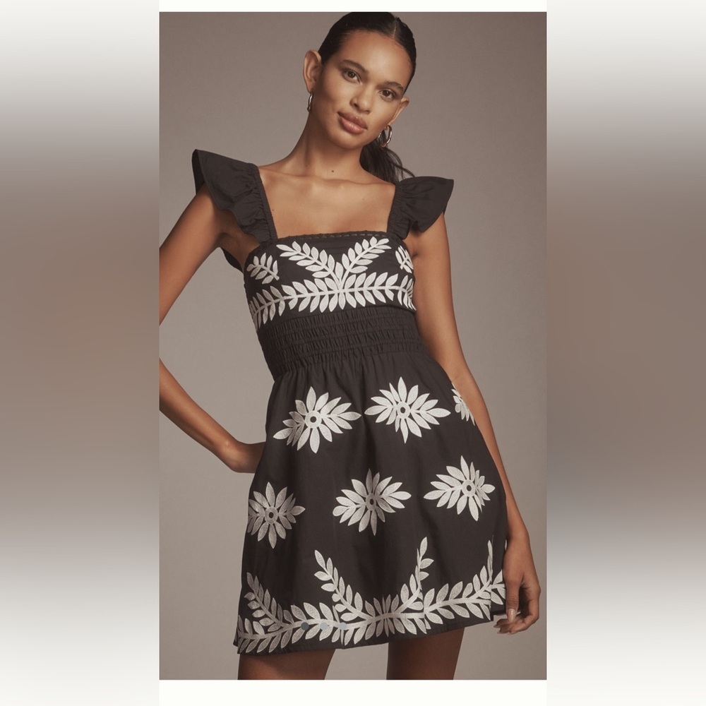 Anthropologie Ruffle Strap Embroidered Mini Dress